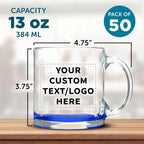 Custom Libbey Clear Glass Coffee Mugs 13 oz. Set of 50, Personalized Bulk Pack - Perfect for Coffee, Tea, Espresso, Hot Cocoa, Other Beverages - Blue Bottom