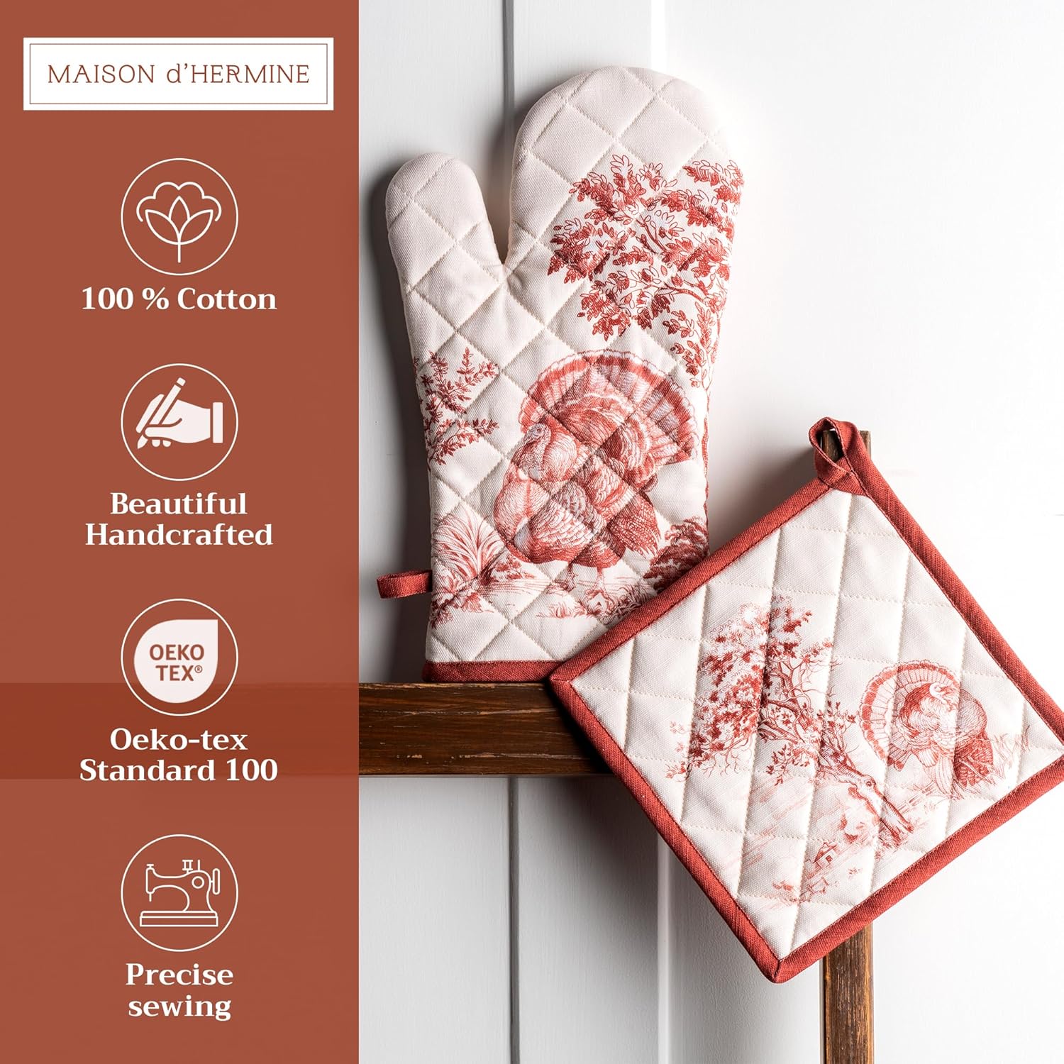 Maison d' Hermine 100% Cotton Oven Mitt & Pot Holder Set (7.5"x13" & 8"x8") Heat Resistant BBQ Cooking Gloves with Loop, Baking, Grilling, Kitchen, Handling Hot Pans (Holy Jouy - Red)