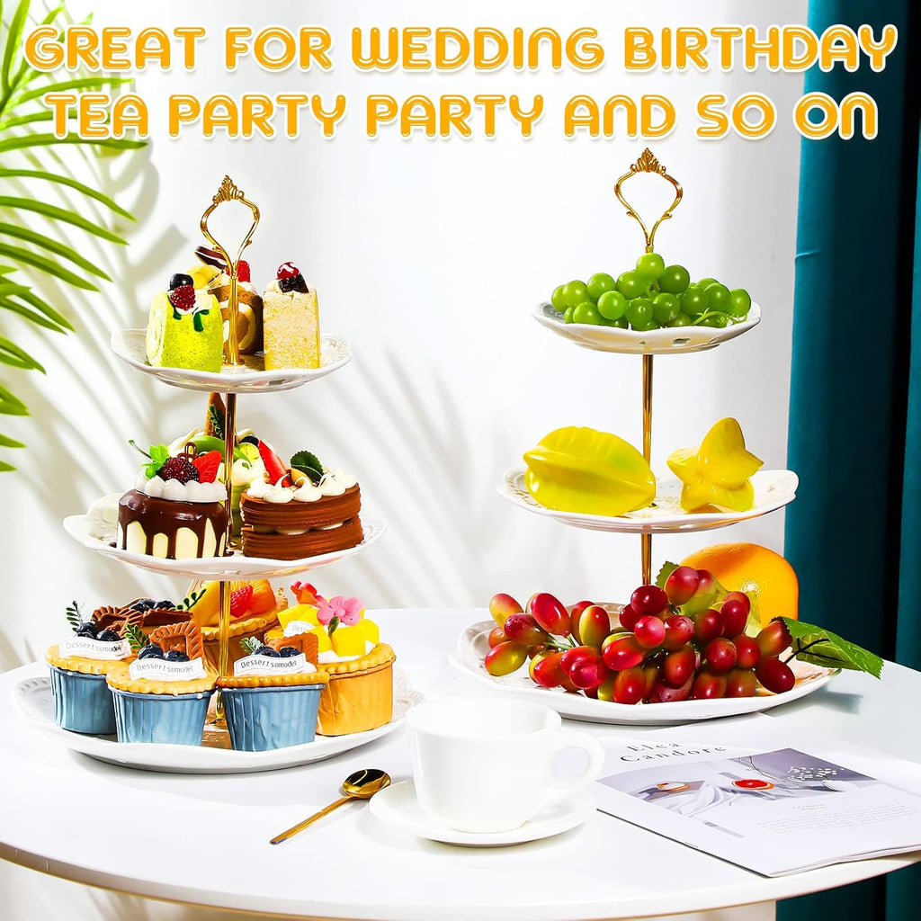 Tatuo 2 Pcs 3 Tier Porcelain Cupcake Stand, Cup Cake Holder Tower, Pastry Serving Elegant Dessert White Ceramic Tiered Stand for Wedding, Birthday, Tea Party(Lace Round Shape)