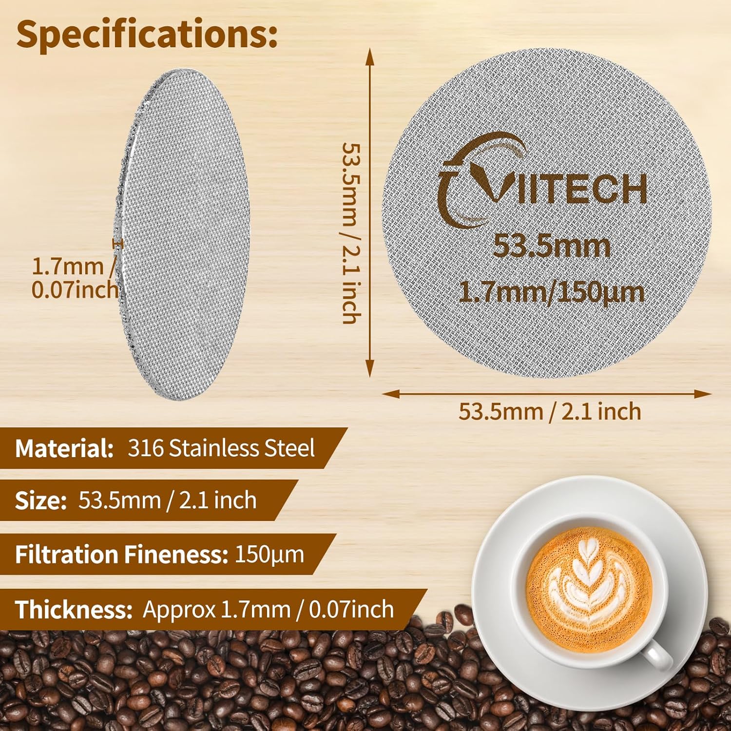 2 PCS Espresso Puck Screen, Espresso Filter Screen for 53.5mm Portafilter, Reusable 1.7mm Thickness 150μm, 316 Stainless Steel Coffee Filter Replacement, Coffee Puck Filter for Espresso Machine