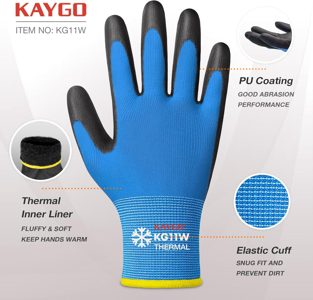 KAYGO Winter Work Gloves for Men and Women, 12 Pairs Thermal Insulated Safety Work Gloves PU Coated, Smooth Grip on Palm & Fingers,Ideal for Freezer Work,Blue,S
