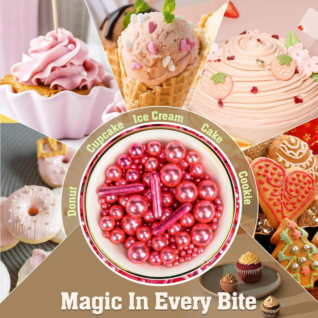 Twisweet Rose Gold Pearl Rods Sprinkles, Edible Sugar Pearls for Cake Decorating, Mix Size Baking Candy, Cake Topper Cupcake Cookie Ice Cream Dessert Decorations, Valentine Mother's Day Birthday Wedding Party Supplies(130g/4.58oz)