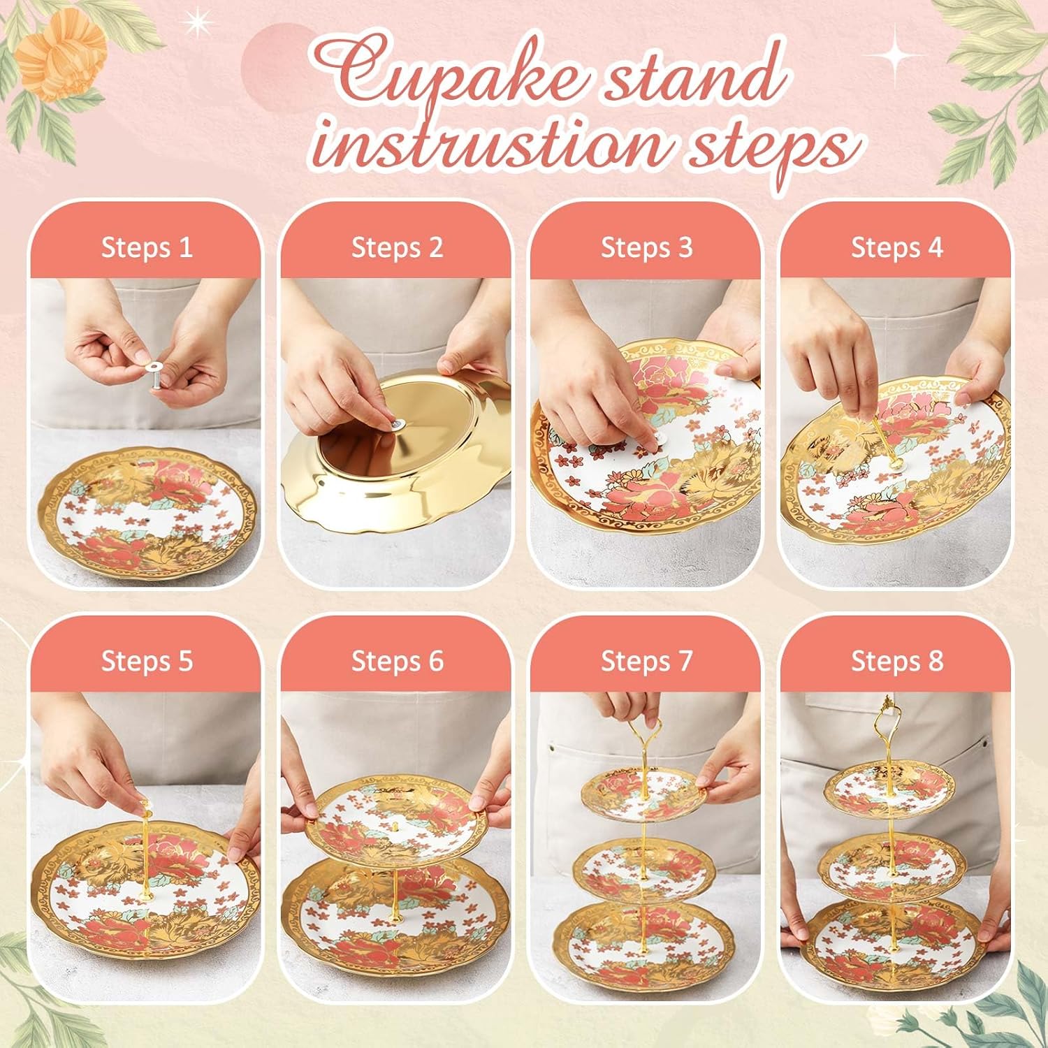 Maxcheck 21 Pcs Tea Party Set for Adults European Floral Tea Set with Metal Holder and 3 Tier Ceramic Cake Stand Porcelain Flower Cup Teapot for Dessert Cupcake(Classic Style)