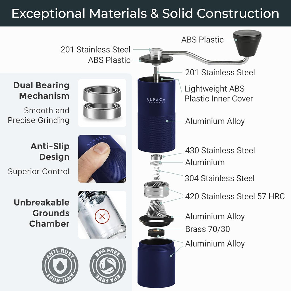 Manual Coffee Grinder by Alpaca Ventures - Stainless Steel Conical Burr Coffee Grinder Manual with Adjustable Setting Double Bearing Hand Espresso Grinder Perfect for Home, Office and Camping