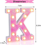 Foaky Pink Light up Letters，Pink Party Decorations,Girls Room Decor,Glitter Light Up Letters,Alphabet Letter Sign for Night Light Birthday Party Girls Gifts, Home Bar Decoration（K）