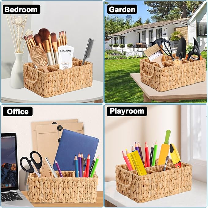 Wicker Party Silverware Caddy, Water Hyacinth Plastic Cutlery Utensil Holder, Hand Woven with Handles, Kitchen Countertop and Picnic flatware Organizer (4 compartments)