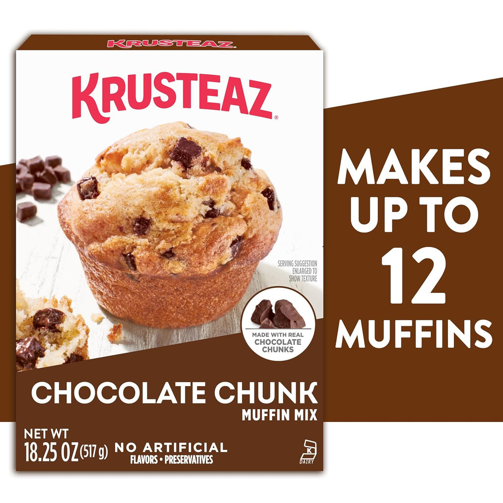 Krusteaz Chocolate Chunk Muffin Mix, With Real Chocolate, No Artificial Flavors or Preservatives, 18.25-ounce Boxes (Pack of 12)