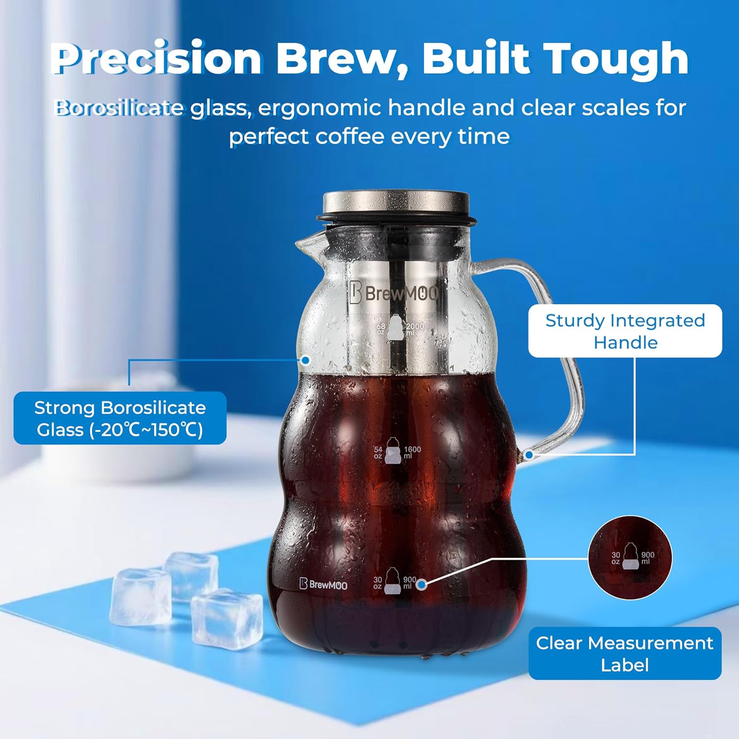 Cold Brew Coffee Pitcher (2.0L/68oz) - Elegant Sleek Wave Borosilicate Glass Pitcher with 100um 304 Stainless Steel Filter & Airtight Lid, Efforless Mannual for Beginner, Sophisticated Gift