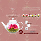 Teabloom Heart-Shaped Flowering Teas – 12 Assorted Blooming Tea Flowers – Green Tea + Jasmine, Pomegranate, Strawberry, Rose, Litchi & Peach