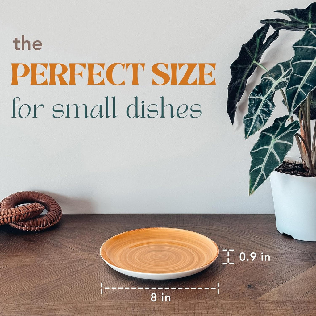 Mora Ceramic Helix Swirl Salad Plates Set of 6, 8in Spiral Porcelain Dish for Kitchen, Small Dinner, Lunch, Appetizer, Dessert, etc - Dishwasher, Microwave, Freezer, Oven Safe Dishware - Earth Colors