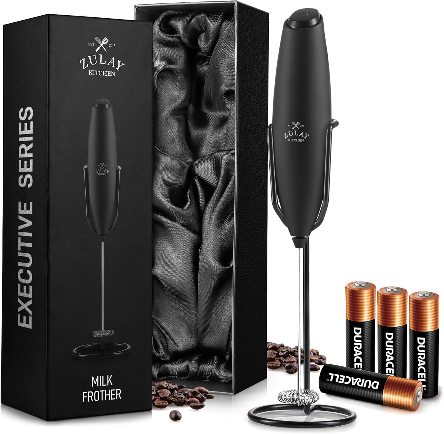 Zulay Kitchen Executive Series Milk Frother Wand - Upgraded & Improved Stand - Ideal Coffee Gift - Coffee Frother Handheld Foam Maker For Lattes - Electric Milk Frother Handheld For Cappuccino