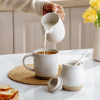 famiware Milkyway Ceramic Sugar and Creamer Set, 10oz Sugar Bowl & 13oz Creamer Set – Stoneware Milk Pitcher & Sugar Dispenser for Coffee Bar, Kitchen, or Countertop, Coffee Serving Set, White