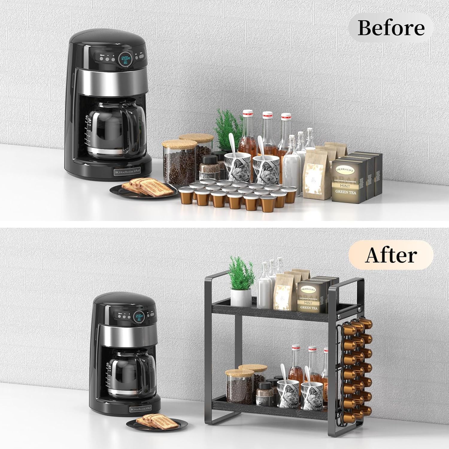 LEMIKKLE Coffee Station Organizer,Compatible with Nespresso Classic Pods 24pcs,Coffee Bar Accessories and Cup Storage Organizer, Wood Counter Shelves for Kitchen, Office, Countertop（Black