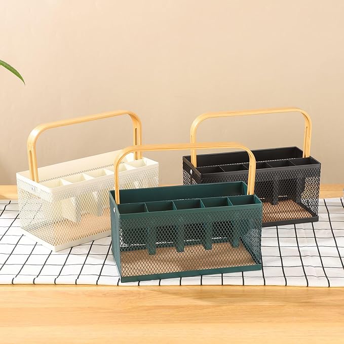Utensil Caddy Metal Mesh Silverware Cutlery Organizer Basket with Bamboo Handle, Multi-Purpose Steel Wire Caddy 6 Compartment Flatware Basket for Kitchen, Countertop, Picnic, Restaurant, White