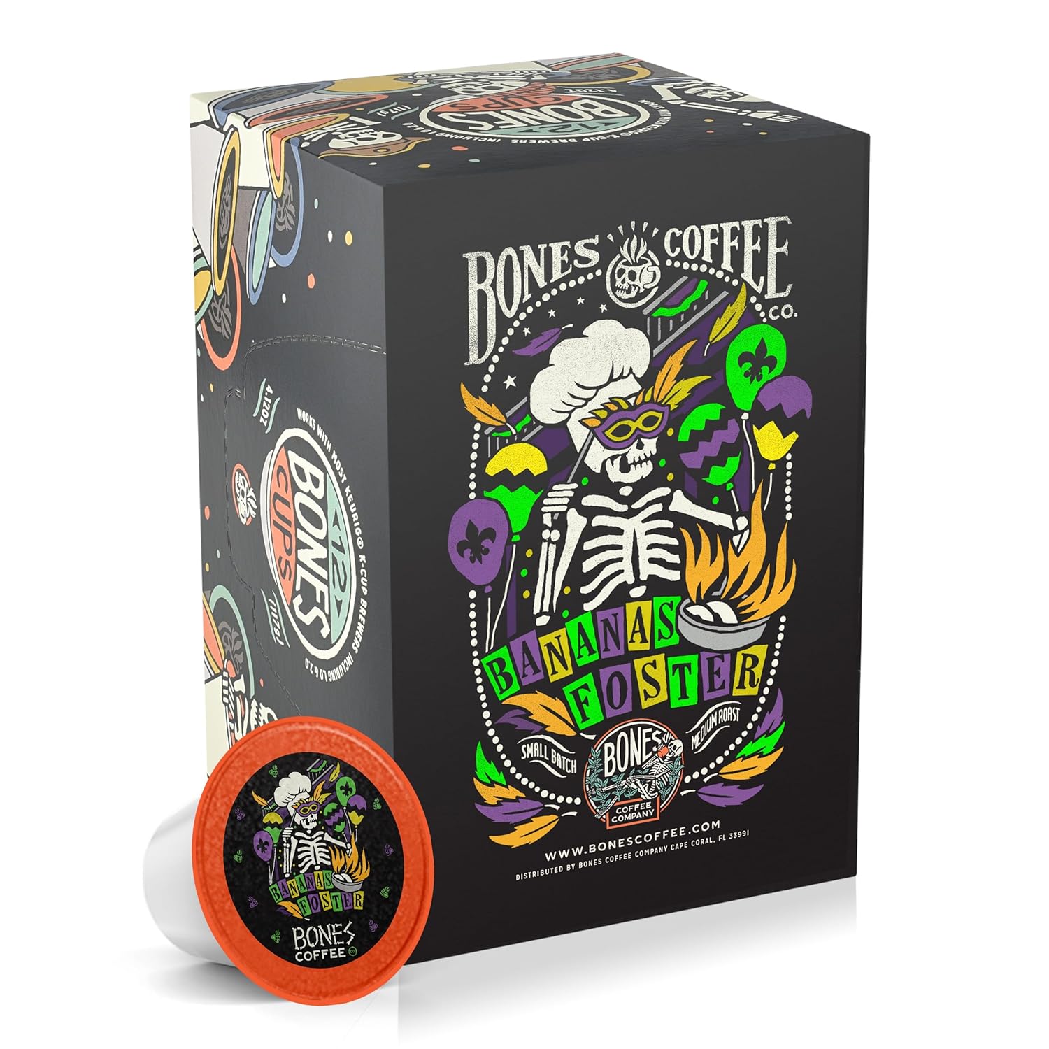 Bones Coffee Company Flavored Coffee Bones Cups Bananas Foster Flavored Pods | 12ct Single-Serve Coffee Pods Compatible with Keurig 1.0 & 2.0 Keurig Coffee Maker