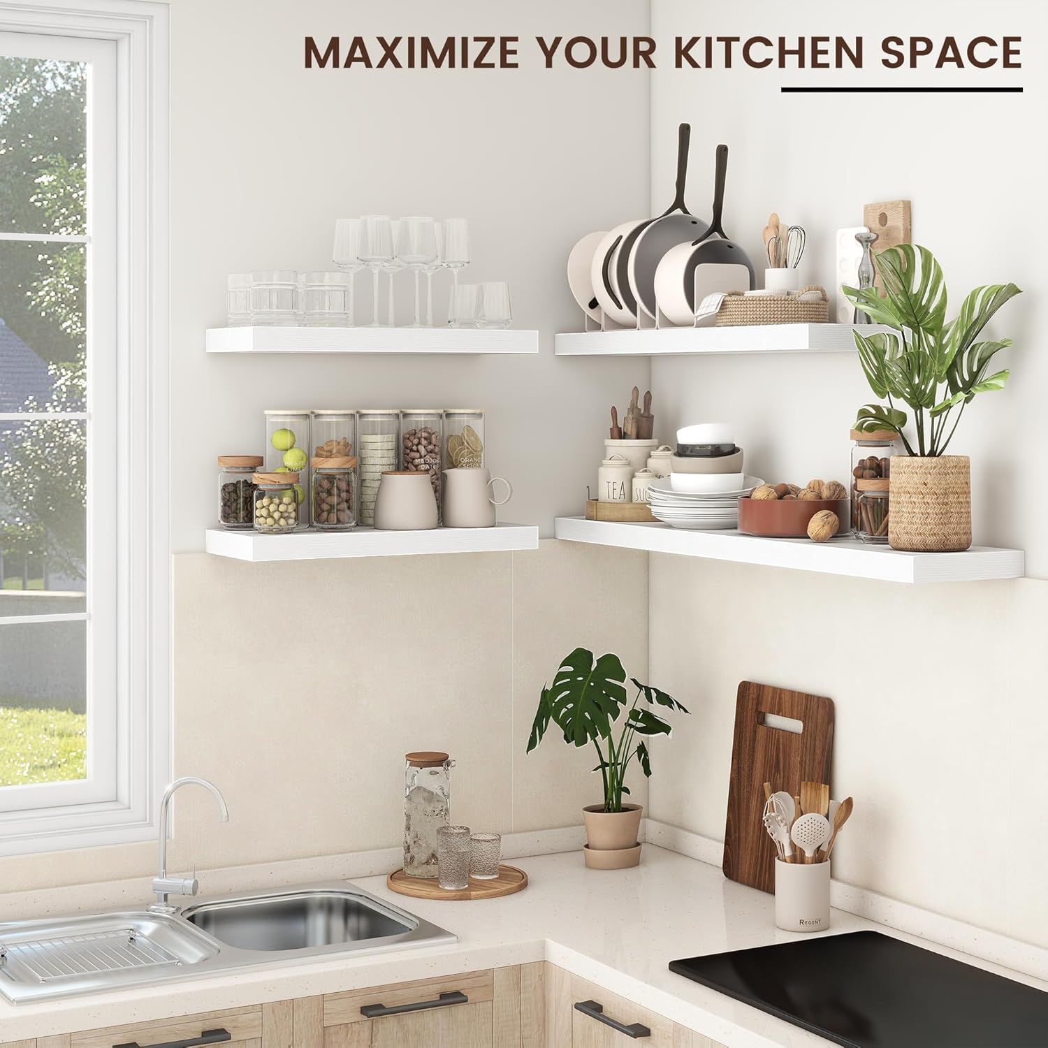 Floating Shelves - 2 Large Wall Mounted Shelves with Invisible Brackets, Long Wood Floating Wall Shelf for Living Room, Bedroom, Kitchen (White, 36" W x 9" D x 1.5" H)