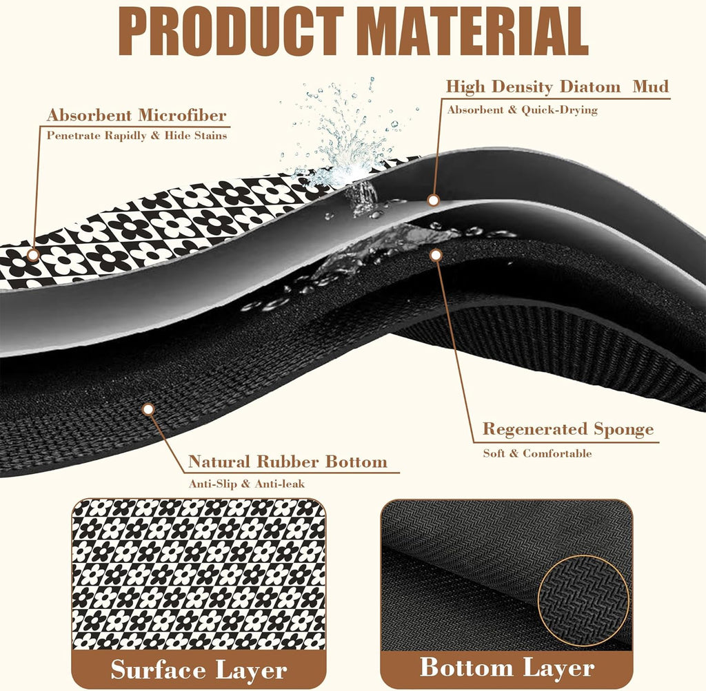 Black and White Checkered Flower Dish Drying Mat for Kitchen Counter Absorbent Coffee Bar Mat with Hide Stain Rubber Backed Coffee Maker Espresso Machine Cafe Table Accessories 11.8 x 19.7 Inch