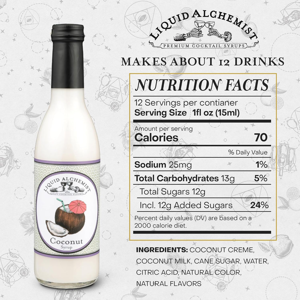 Liquid Alchemist Coconut Syrup for Drinks - Real Ingredients Make our Cream of Coconut Syrup a Perfect Pina Colada Drink Mix - Tropical Flavoring for Drinks - Vegan & Non-GMO (12 oz)