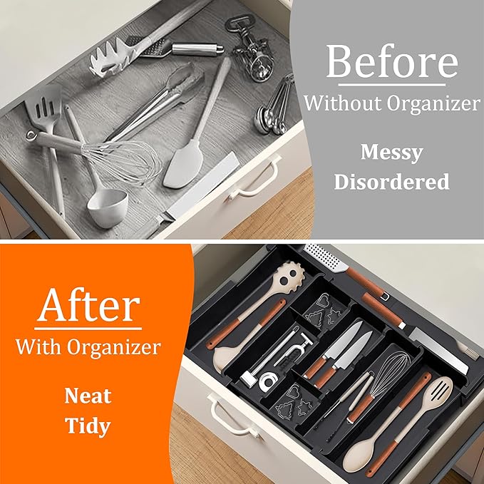 Large Utensil Drawer Organizer Expandable Silverware Organizer for Kitchen Drawer Adjustable Cooking Utensil Holder Cutlery Flatware Tray Spatula Tools Gadgets Storage Dividers Plastic Black