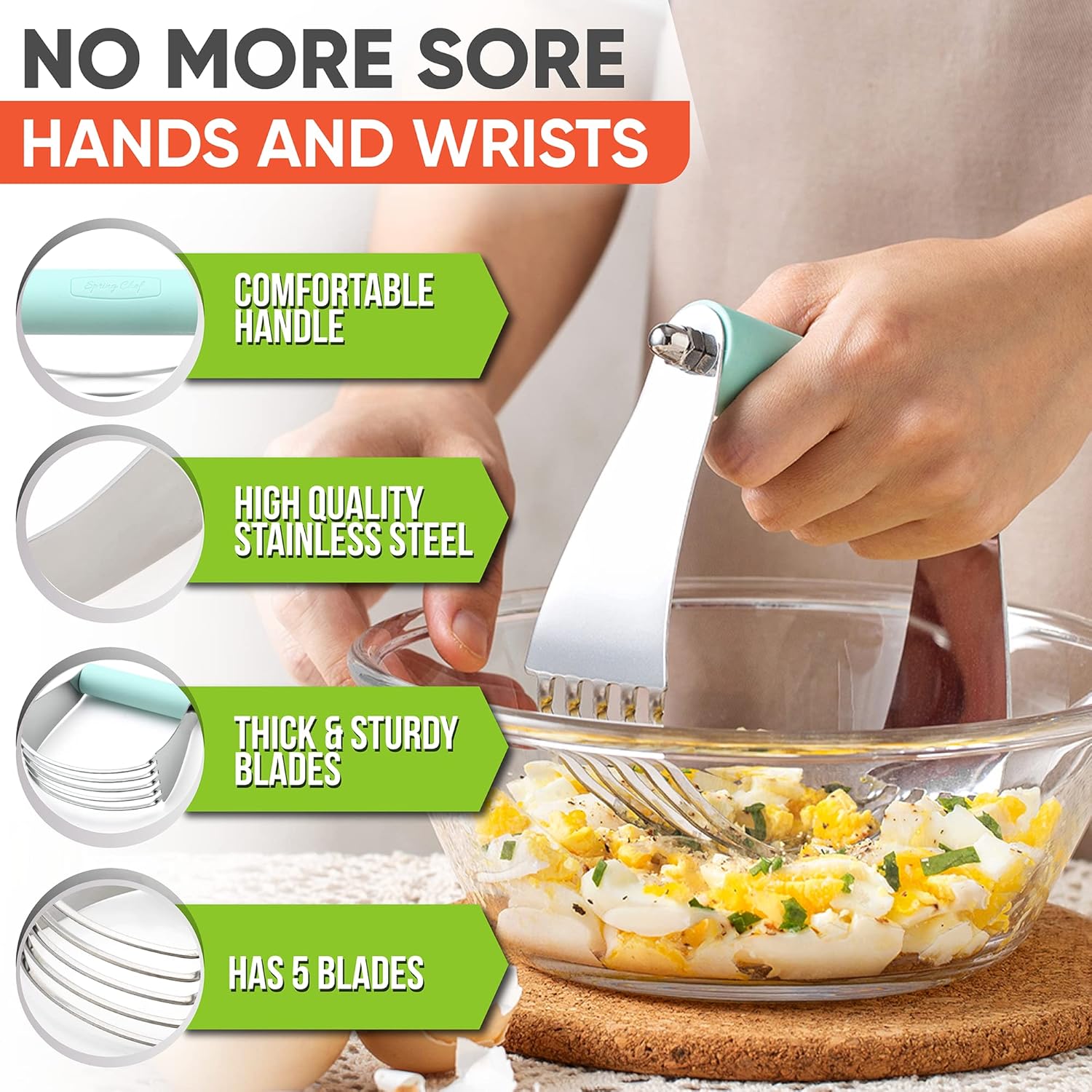 Spring Chef Stainless Steel Large Size Dough Blender For Baking, Professional Manual Dough Cutter Tool, Dishwasher Safe Puff Pastry Cutter Tool with Sharp Blades, Pastry Blender for Easy Mixing - Mint