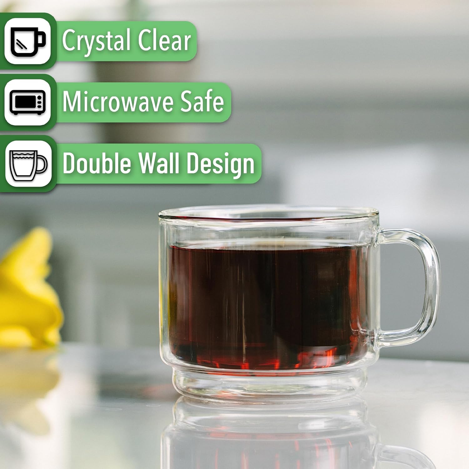 BTaT- Stackable Insulated Coffee Mug, Coffee Glass, Large, Set of 4 (16oz, 500ml), Double Wall Glass Coffee Cups, Tea Cups, Latte Cups, Glass Coffee Mug, Latte Mug, Clear Mug