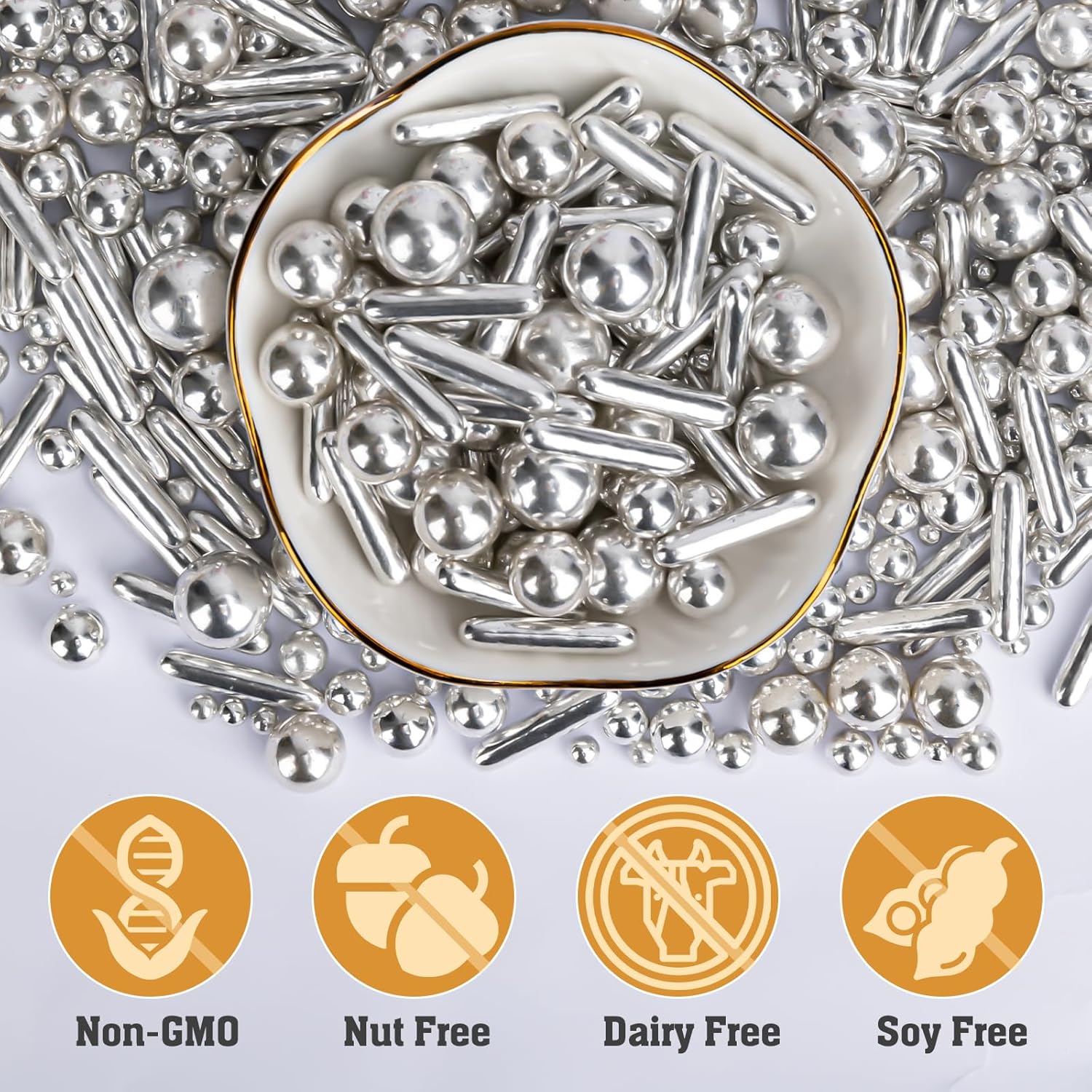 Silver Pearl Rods Sprinkles, Twisweet Edible Sugar Sprinkles for Cake Decorating Mix Size Candy Pearls for Baking Cake Topper Ice Cream Cupcake Cookie Dessert Decorations, Wedding Day Valentines Birthday Party Christmas Easter Supplies (130g/4.58oz)