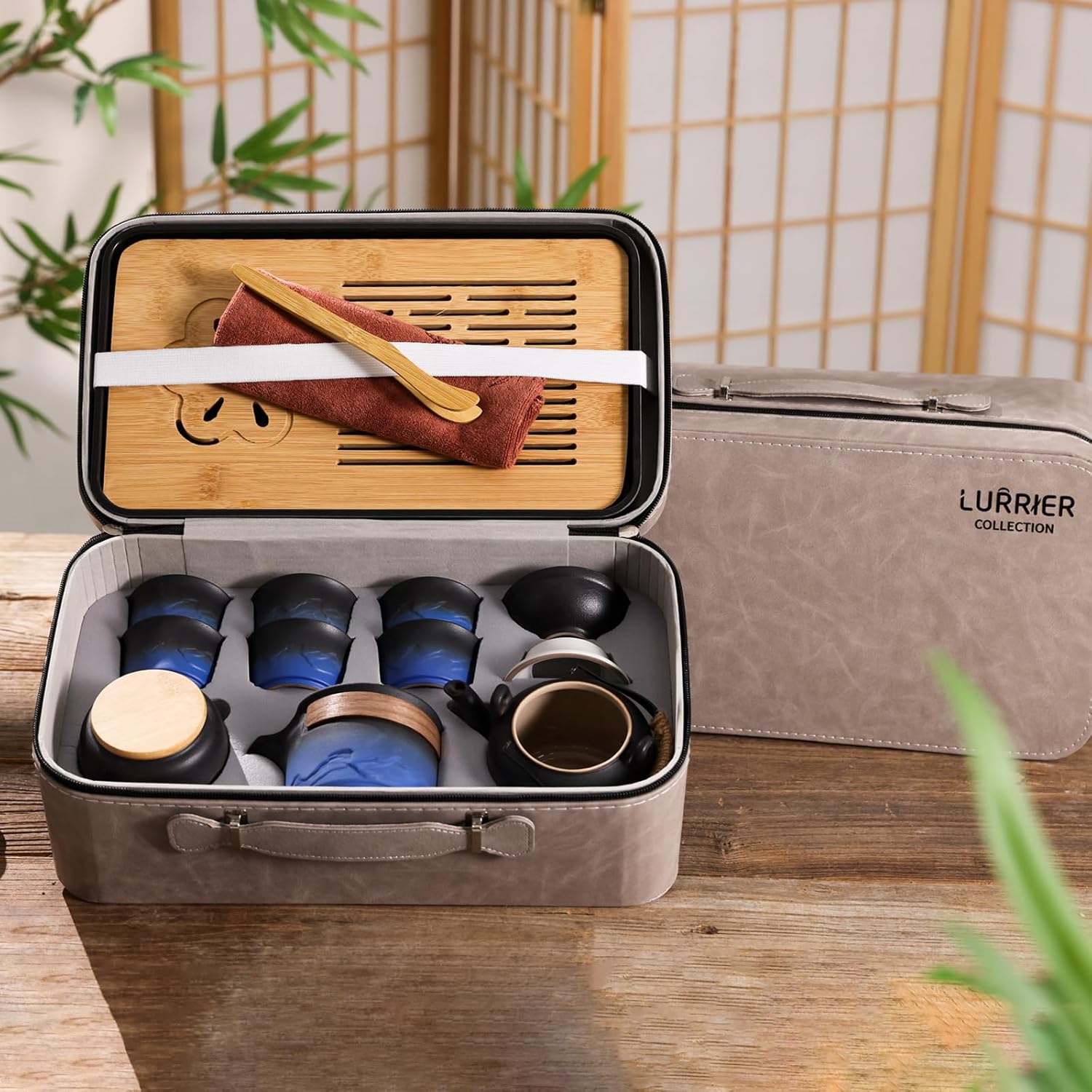LURRIER Gongfu tea sets, Portable Ceramic TeaSet, Asian Tea sets for adult, Tea Gift sets, Grey leather case, Portable Travel Bag,Home,Gifting,Outdoor and Office(Black and Blue)