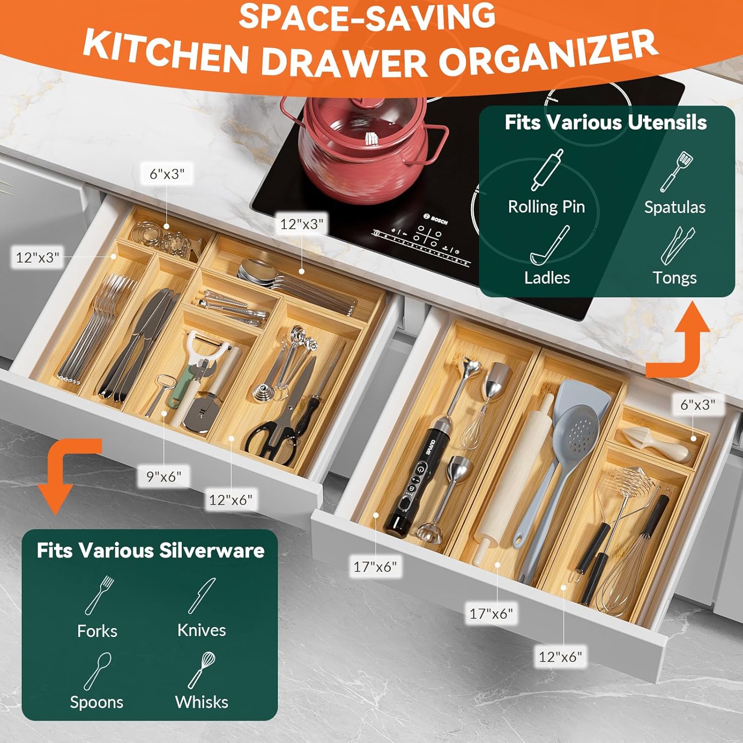 Bamboo Drawer Organizer, Narrow Stackable Cutlery Tray for Kitchen, 2 Pcs Silverware & Utensil Box, 12" x 3" x 2" (Outer), 11.3" x 2.3" x 1.77" (Inner)