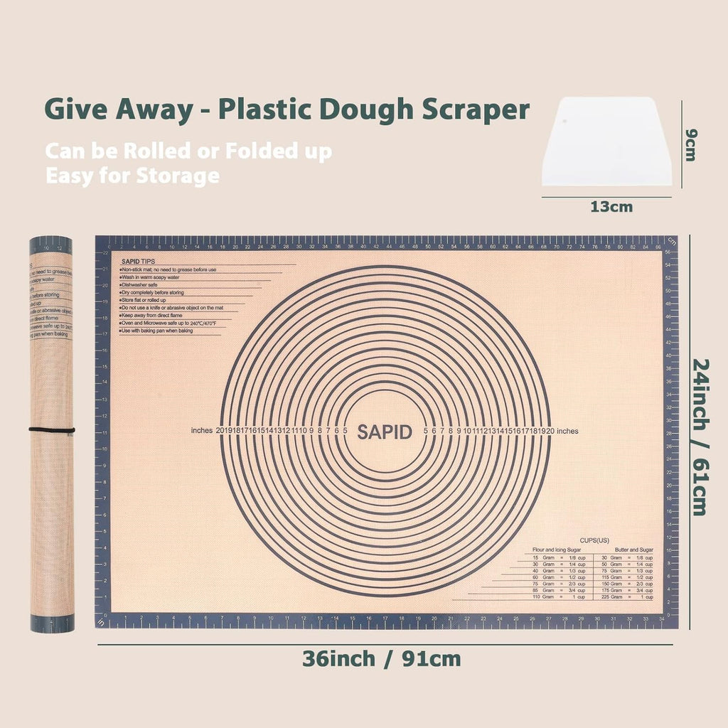 Sapid Extra Thick Silicone Pastry Mat Non-slip with Measurements for Non-stick Silicone Baking Mat Extra Large, Dough Rolling, Pie Crust, Kneading Mats, Countertop, Placement Mats (24" x 36", Gray)
