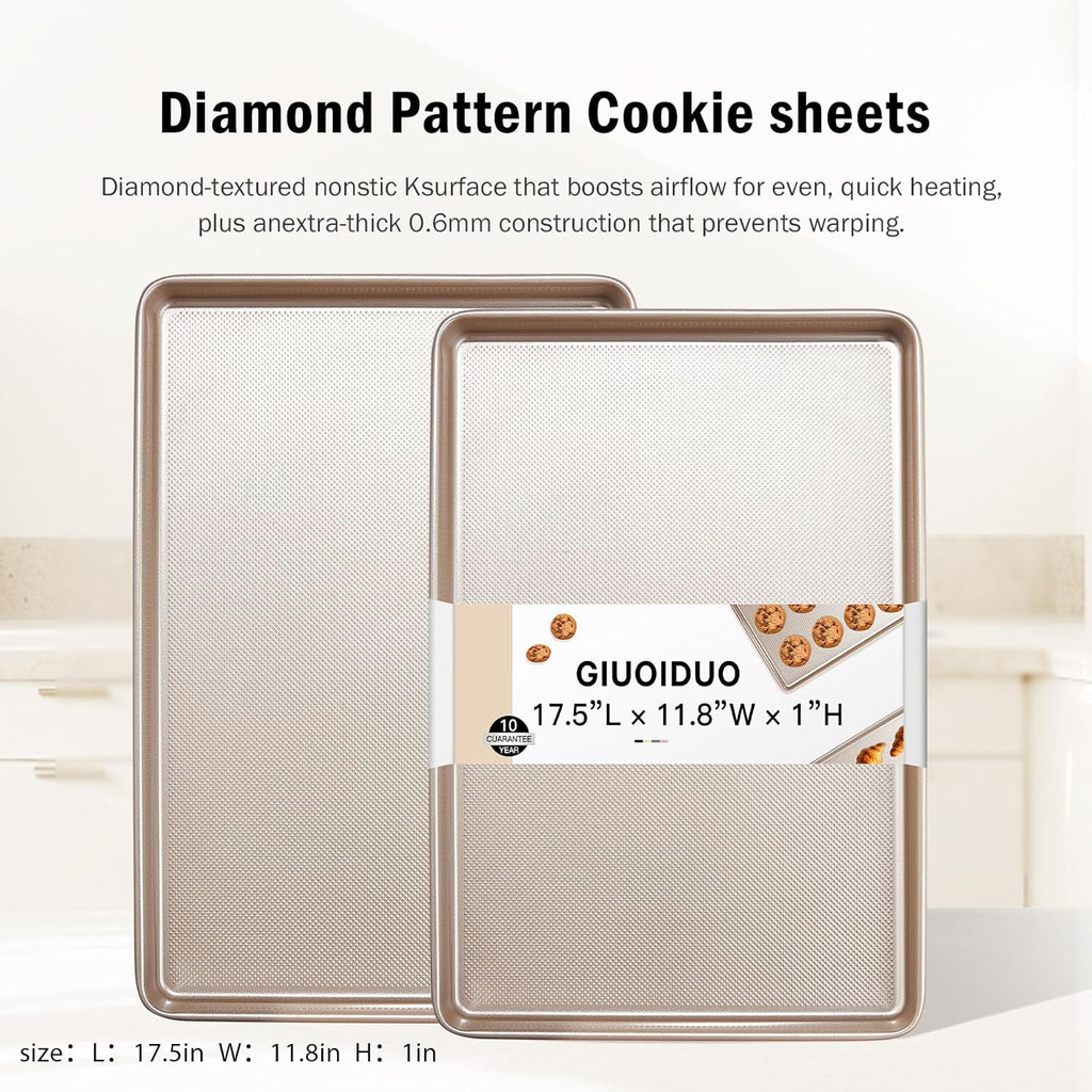 Baking Sheet Pan Set of 2, Cookie Sheets for Oven, Nonstick Half/Quarter/Jelly Roll Pans with Diamond Texture Pattern, 0.8mm Thick Heavy Duty Cookie Tray, Champagne Gold（17.5 * 11.8 * 1inch）