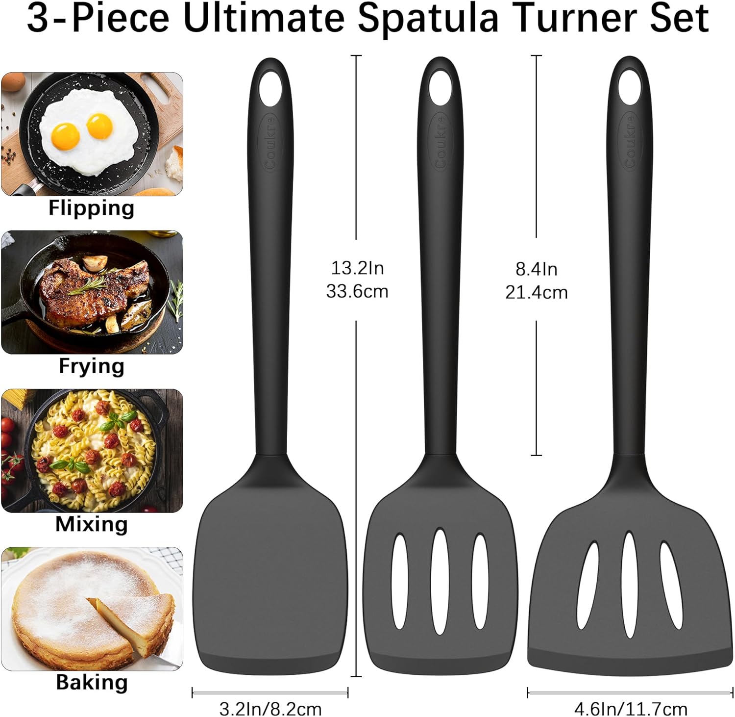 Coukre Silicone Spatula Set of 3, High Heat Resistant, BPA-Free, Kitchen Utensils, Fish Spatula, Solid & Slotted Turner for Non-Stick Pans, Flipping Eggs, Pancakes, Fish, Burgers (3, PureBlack)