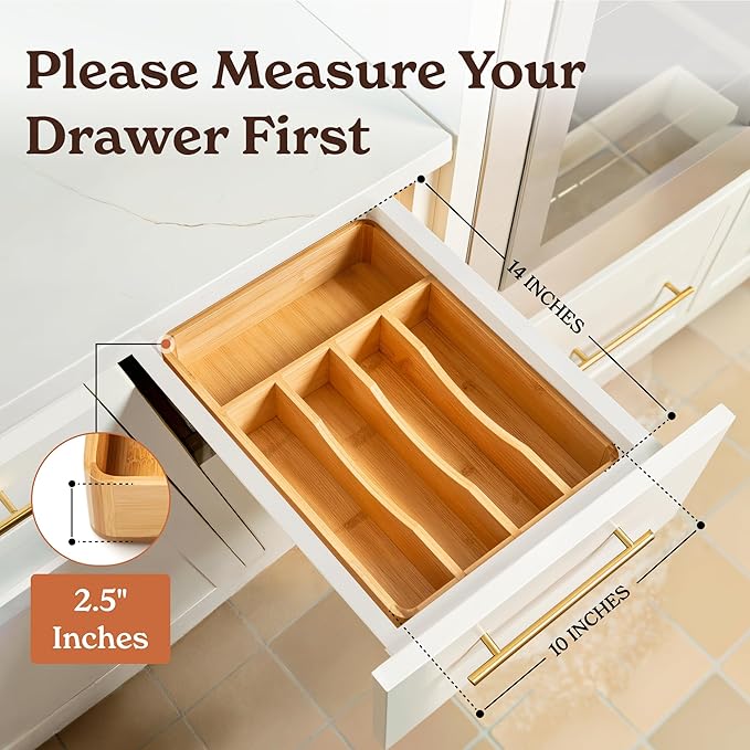SMIRLY Silverware Drawer Organizer – Bamboo Kitchen Drawer Organizer, Adjustable Utensil Holder and Cutlery Tray, Drawer Dividers for Flatware and Kitchen Utensils