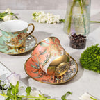 Tea Cups and Saucers Set of 8, 8 OZ Floral Tea Cup with Saucer, Vintage Tea Cups Porcelain Tea Set with Spoon for Latte, Mocha, Afternoon Tea Birthday Party Supply Thanksgiving Day Halloween gifts