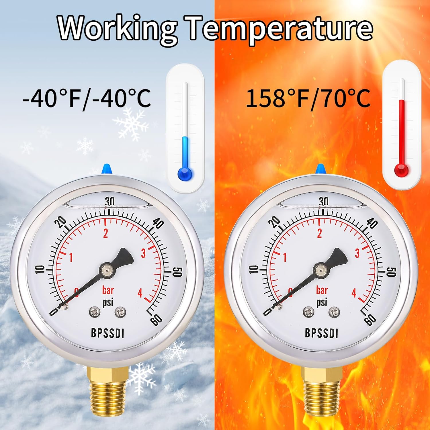 0-60 Psi Glycerin Liquid Filled Low Pressure Gauge, 2.5" Dial Size, 1/4" NPT Lower Mount, 304 Stainless Steel Case, for Water Oil Air Pressure Test, Refrigeration Systems(Such as Evaporators)