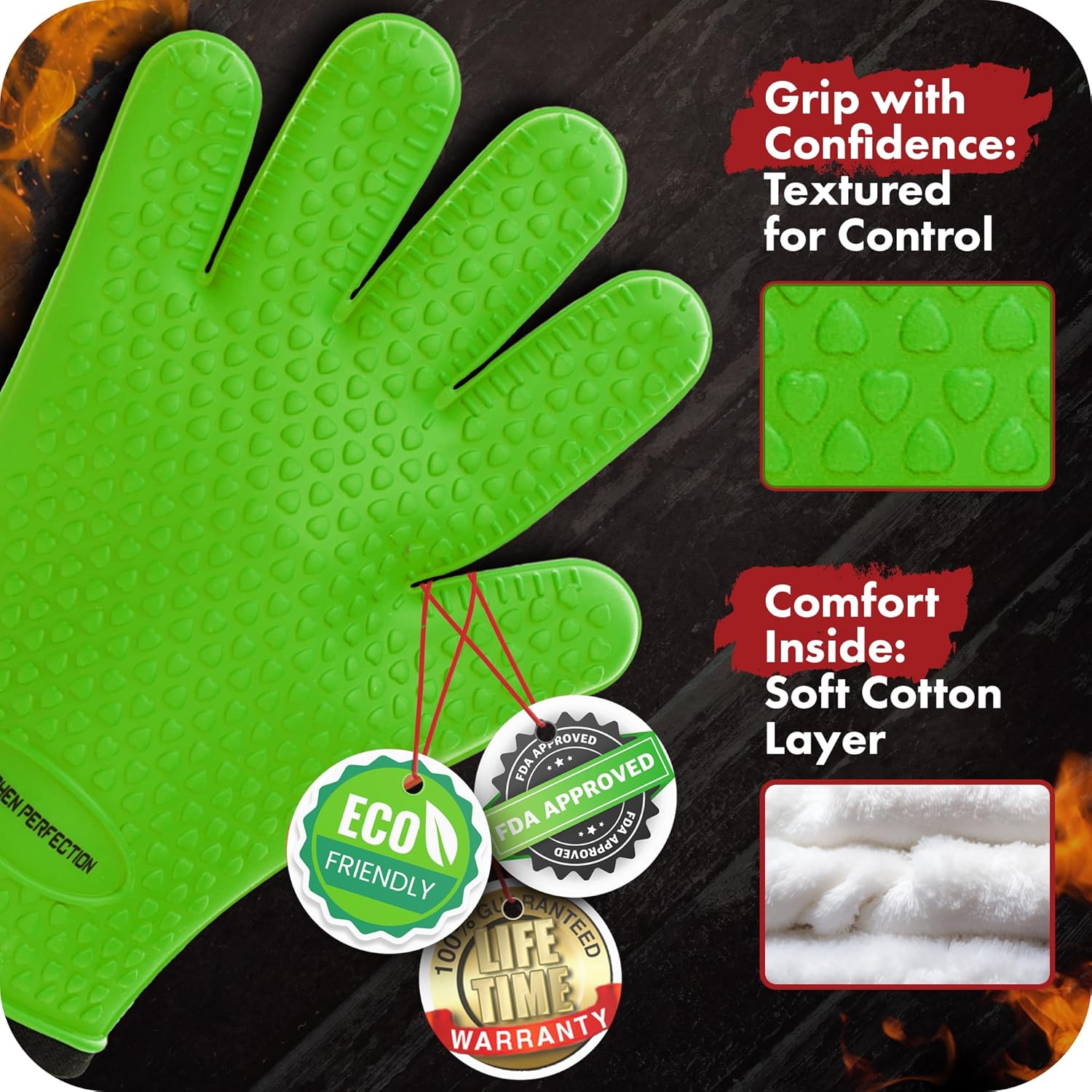 KITCHEN PERFECTION Silicone Smoker Oven Gloves -Extreme Heat Resistant BBQ Gloves-Handle Hot Food Right on Your Grill Fryer&Pit|Waterproof Grilling Cooking Baking Mitts |Superior Value Set +2 Bonuses