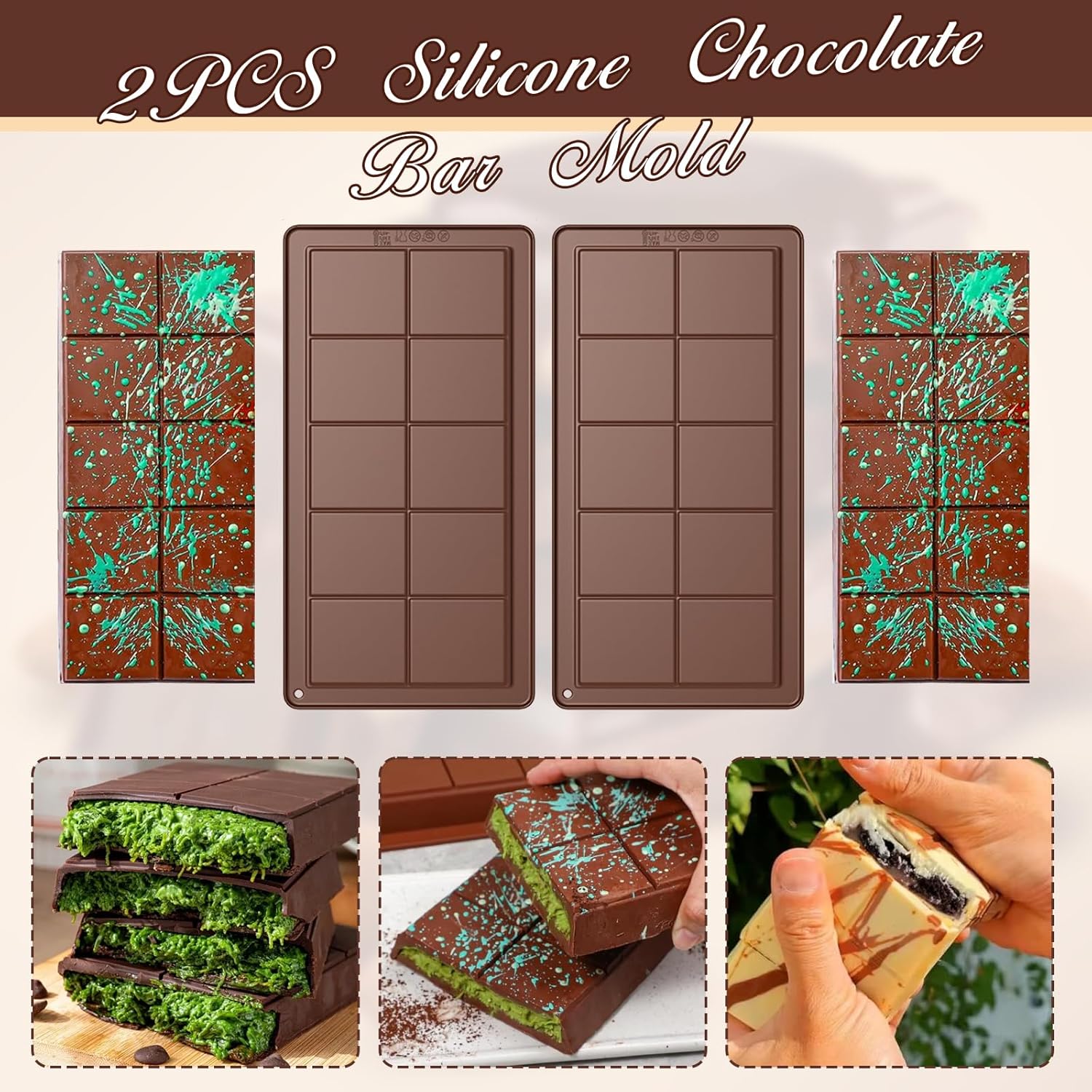 Chocolate Bar Mold 2 Pack, Non-Stick Deep Dubai Chocolate Bar Molds, Silicone, Rectangular Prism, Chocolate Color