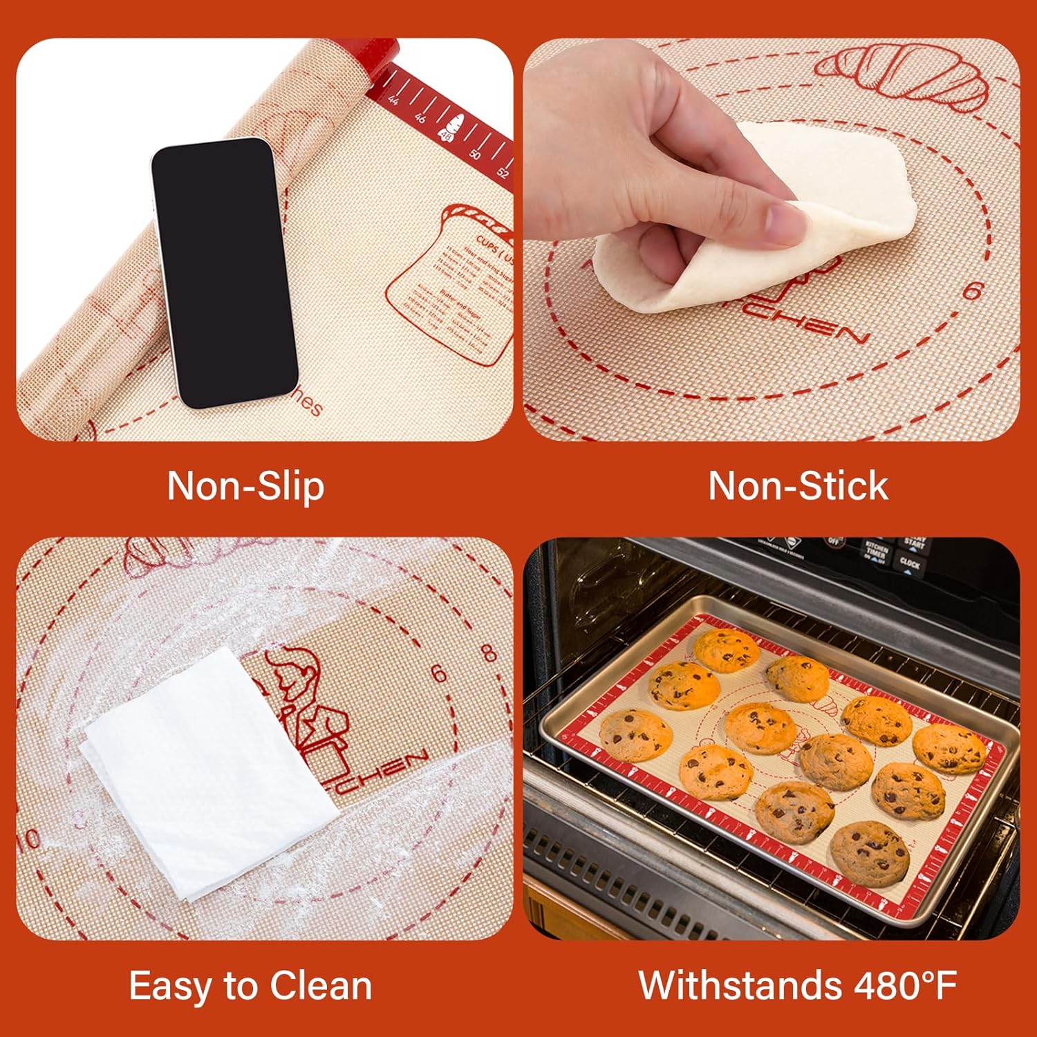 Non-Slip Silicone Baking Mat - 32x24 inch Extra Thick Pastry Mat with Measurements for Sourdough, Macarons, Bread, Pizza, Dough Rolling, Kneading, Oven Mat Heat Resistant to 480°F Gift for Baker