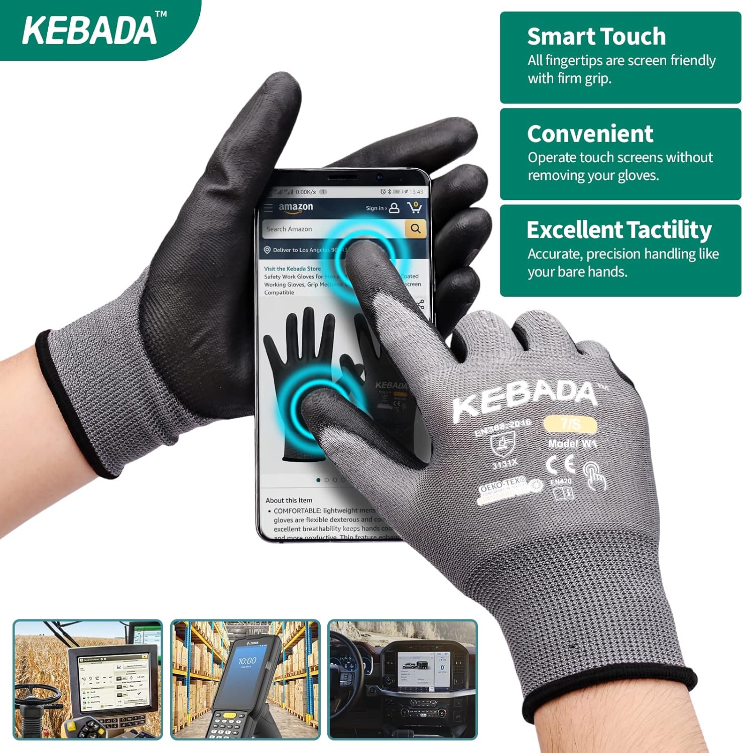 Kebada W1 Work Gloves for Men and Women, Touchscreen PU Coated Gloves with Grip, 50 Pairs Bulk Pack, Ideal for Warehouse Package Handling, Construction, Gardening, Gray Large