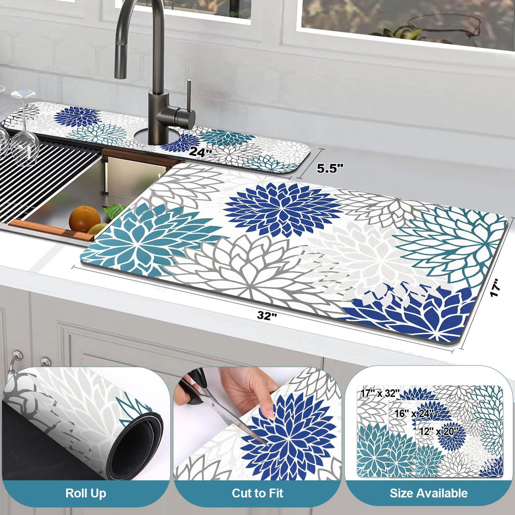 Findosom 2PCS 17" x 32" Dish Drying Mat & 24" x 5.5" Sink Splash Guard, Super Absorbent & Cuttable Dish Mat Drying Kitchen Mat with Blue Floral, Hide Stain Drying Mat for Kitchen Counter