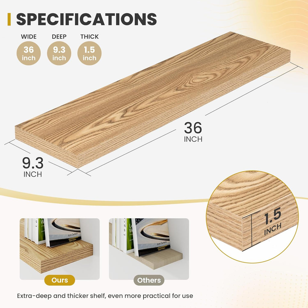 36 Inch Floating Shelves, 9.3" Deep Floating Shelf Wall Mounted, 36" Wall Shelves, Rustic Deep Bookshelf, Large Display Shelves & Storage Shelves for Bedroom, Living Room, Light Brown, Set of 2