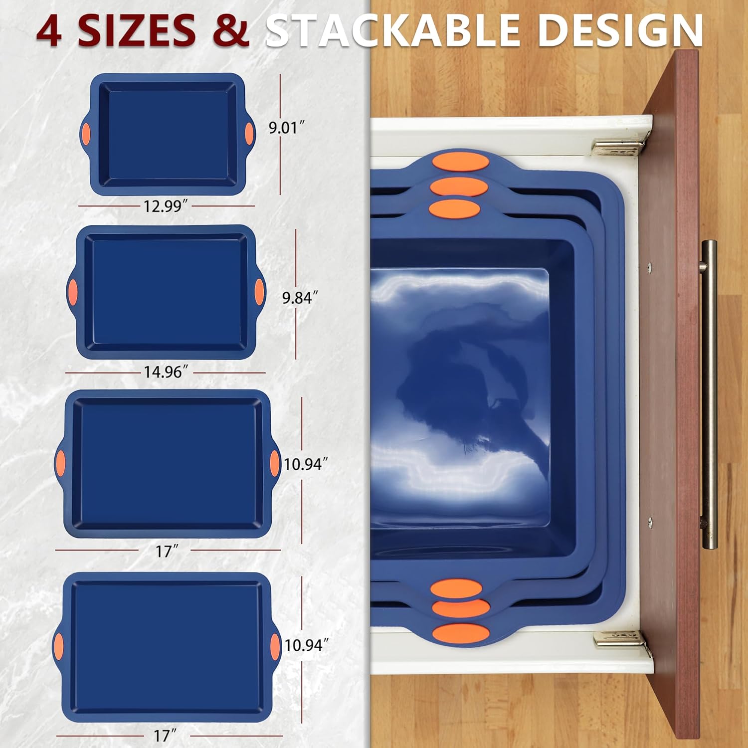 To encounter Silicone Baking Pans Set, 4 Pieces Nonstick Bakeware Set with Baking Pans, Baking Sheets, Cookie Sheets, Cake Pan with Grips and Metal Reinforced Frame More Strength, Navy Blue
