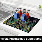 Rnivvi Dish Drying Mat for Kitchen Counter, 16 x 18" Cute Flower Theme Absorbent Heat Resistant Drying Pad with Non-slip Rubber, Coffee Bar Mats for Dish Rack Kitchen Decor Accessories, Black