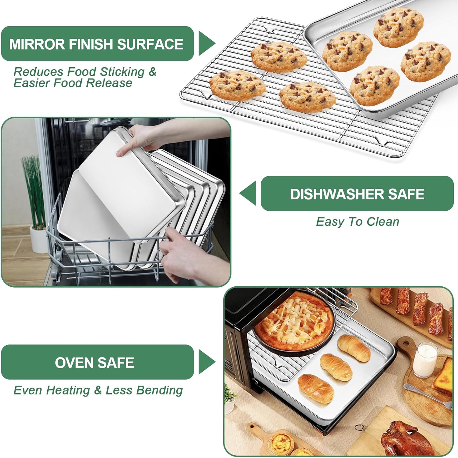 Stainless Steel Baking Sheets with Rack, HKJ Chef Cookie Sheets and Nonstick Cooling Rack & Baking Pans for Oven & Toaster Oven Tray Pans, Rectangle Size 12.5L x 10W x 1H inch & Non Toxic & Healthy