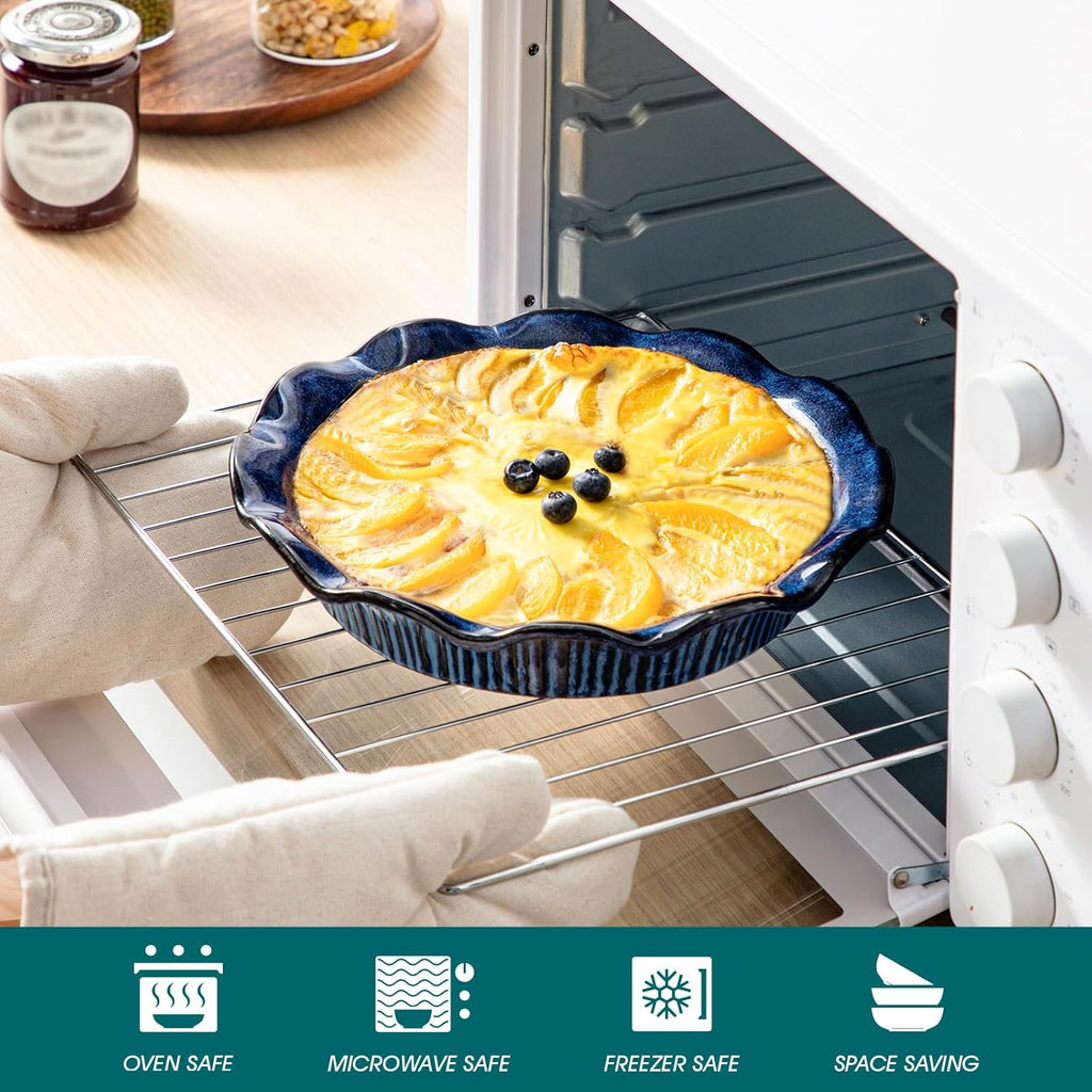 vancasso Stern Ceramic Pie Pan, 9 inch Pie Pans with Ruffled Edge, Deep Pie Dishes for Baking, Round Pie Plates for Apple, Quiche, Pot Pies, Tart, Oven & Dishwasher Safe, Set of 2, Blue