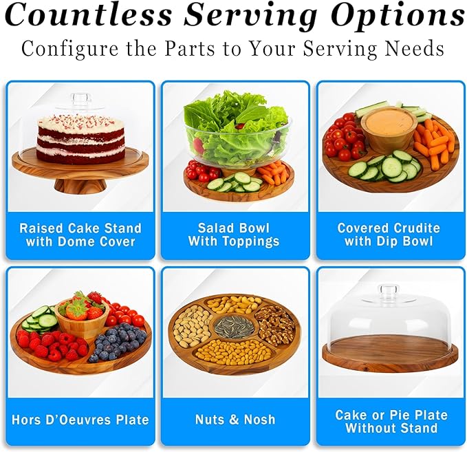 JOEY'Z 6 in 1 Large Acacia Wood Cake Stand with Lid - Multiuse Wooden Cake Stand with Dome Acrylic Cake Cover/Cake Dome - Cake Holder With Lid - Cake Stands