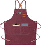AFUN Chef Aprons for Men Women with Large Pockets, Cotton Canvas Cross Back Heavy Duty Adjustable Work Apron, Size M to XXL(Darkred)