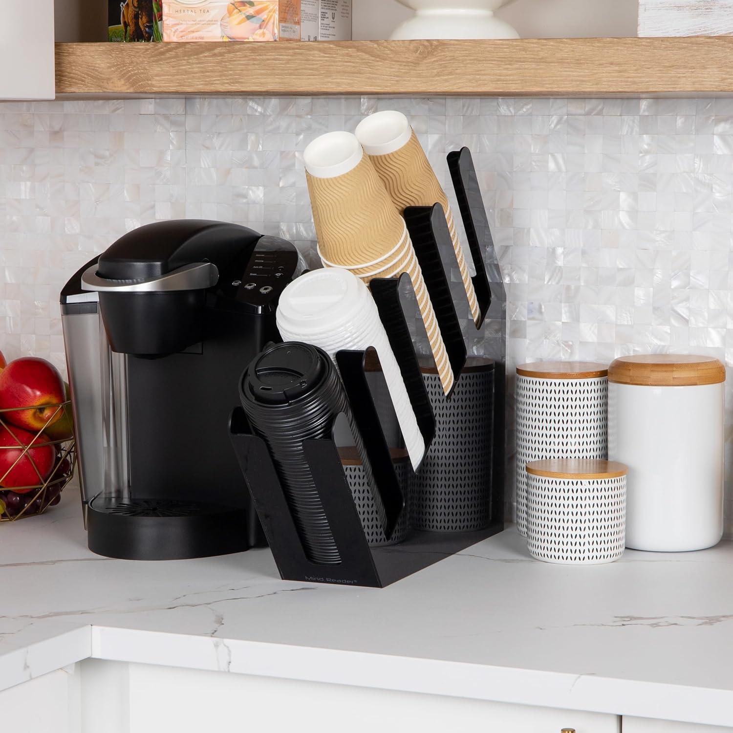 Mind Reader Cup and Lid Dispenser, Countertop Org, Coffee Bar, Beverage Cup, Kitchen, Breakroom, 4"L x 18"W x 16"H, Black