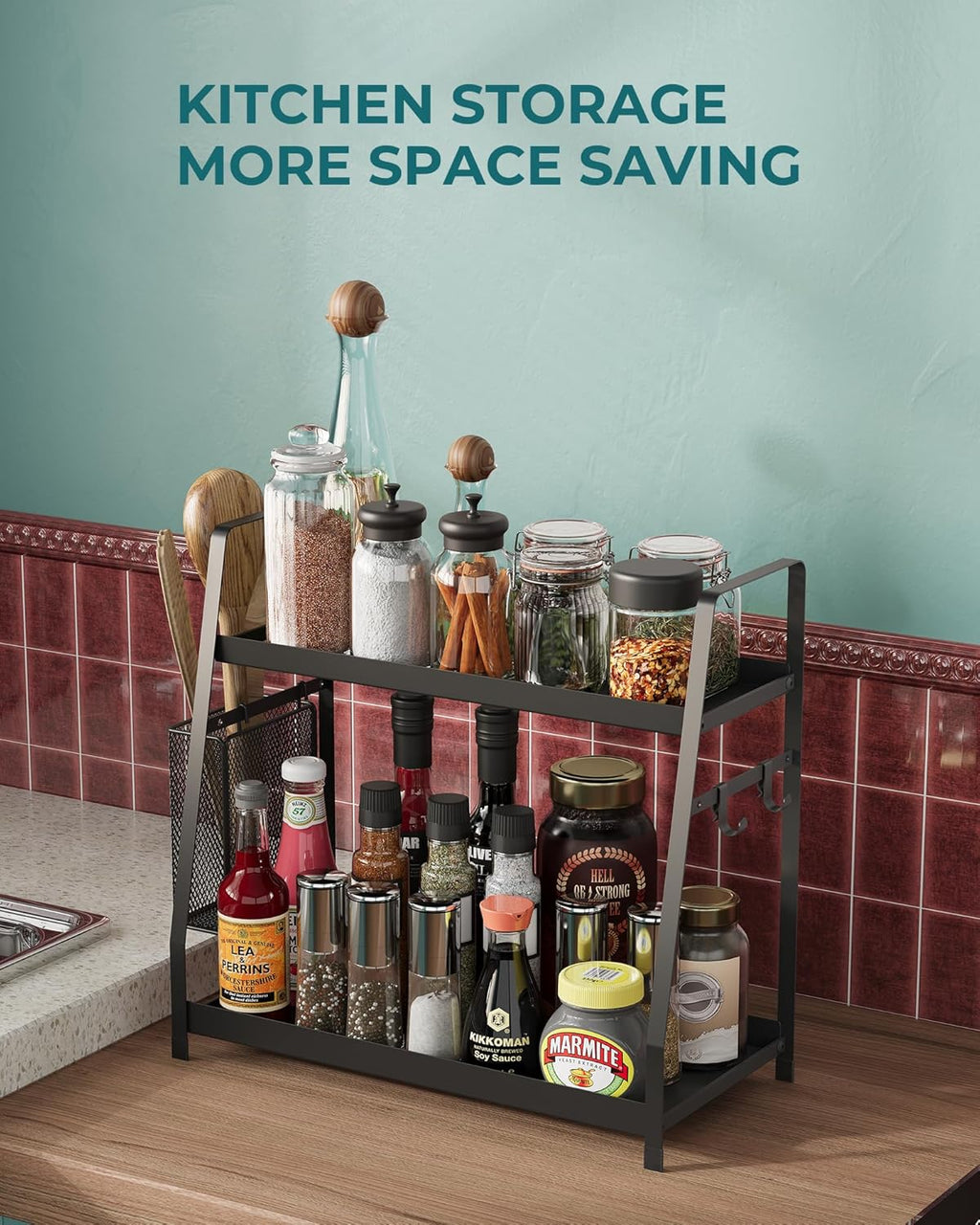 OROPY 2 Tier Spice Rack for Countertop, Metal Standing Kitchen Storage Organizer Shelf, Counter Shelf for Cabinet,Pantry,Bathroom,Bedroom, with Hanging Basket