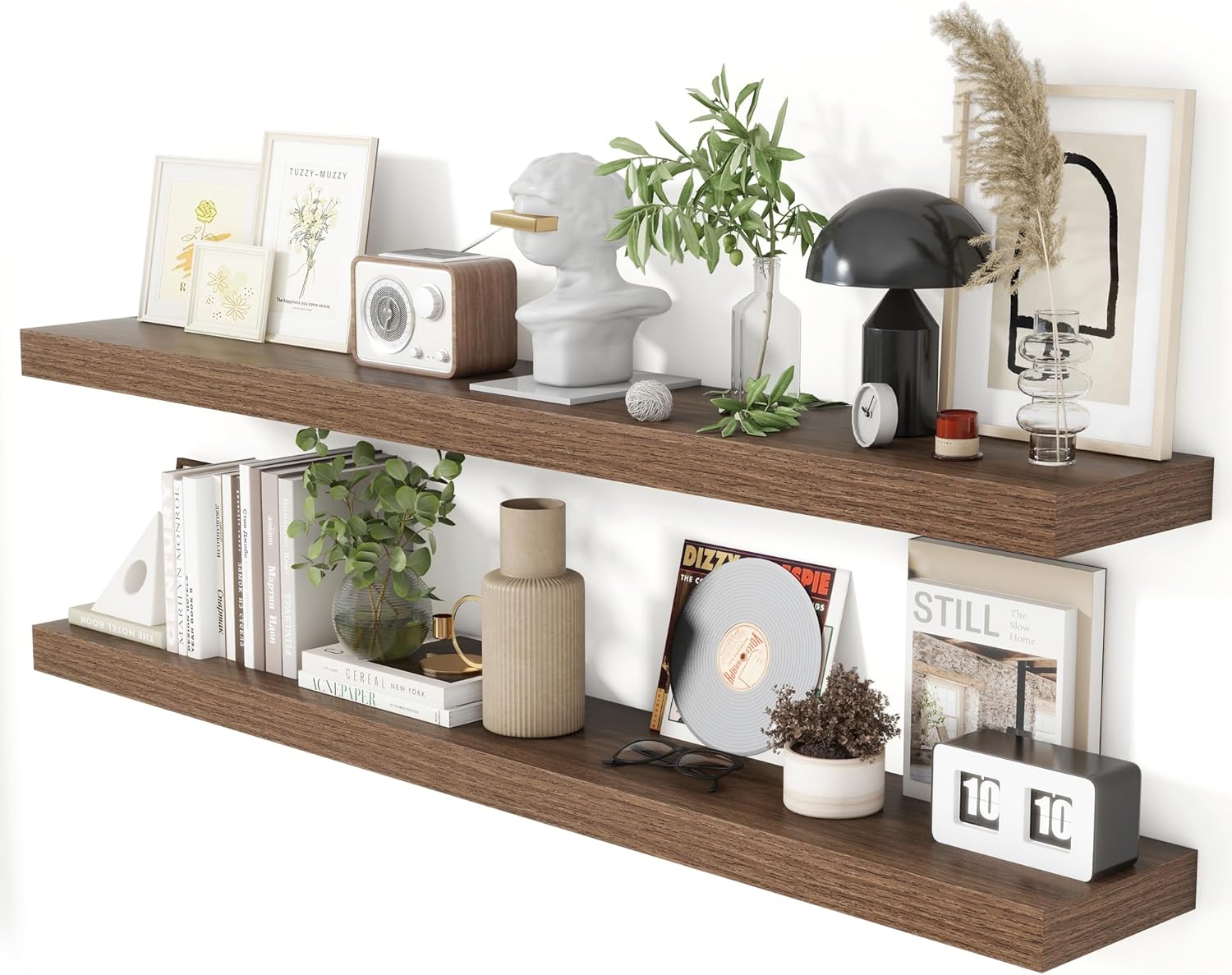 Heimlove 55 Inch Floating Shelves for Wall 8 Inch Deep Walnut Shelves Set of 2,Wall Mounted Rustic Wood Long Floating Shelf，Large Extra Display & Storage Shelf with Invisible Brackets