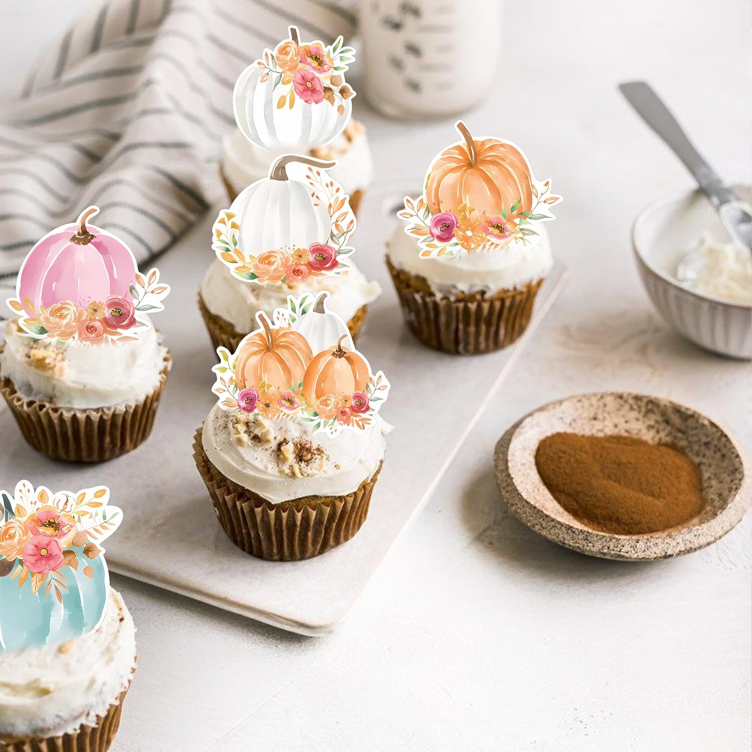 42Pcs Edible Pumpkin Cupcake Toppers Autumn Thanksgiving Theme Party Wafer Paper Flowers Pumpkin Cupcake Toppers Baby Gender Reveal Party Supplies